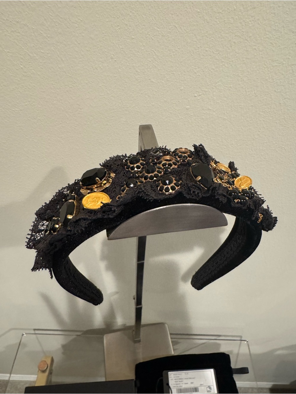 Dolce & Gabbana Black Lace Headband with Gold Coin Details